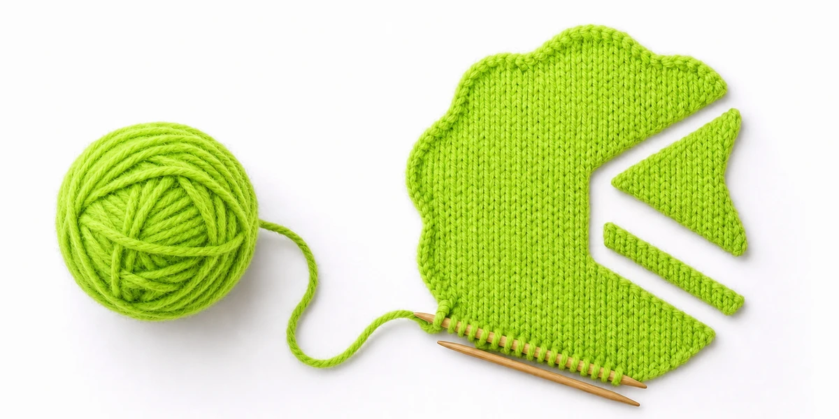 Bright lime wool unspooling into an almost finished knitted Potpie logo